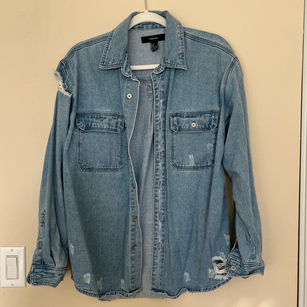 Distress oversized button up demin shirt